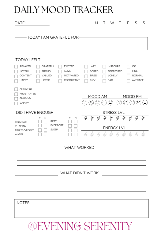 The 7-Day Mood & Stress Pattern Tracker - Evening Serenity