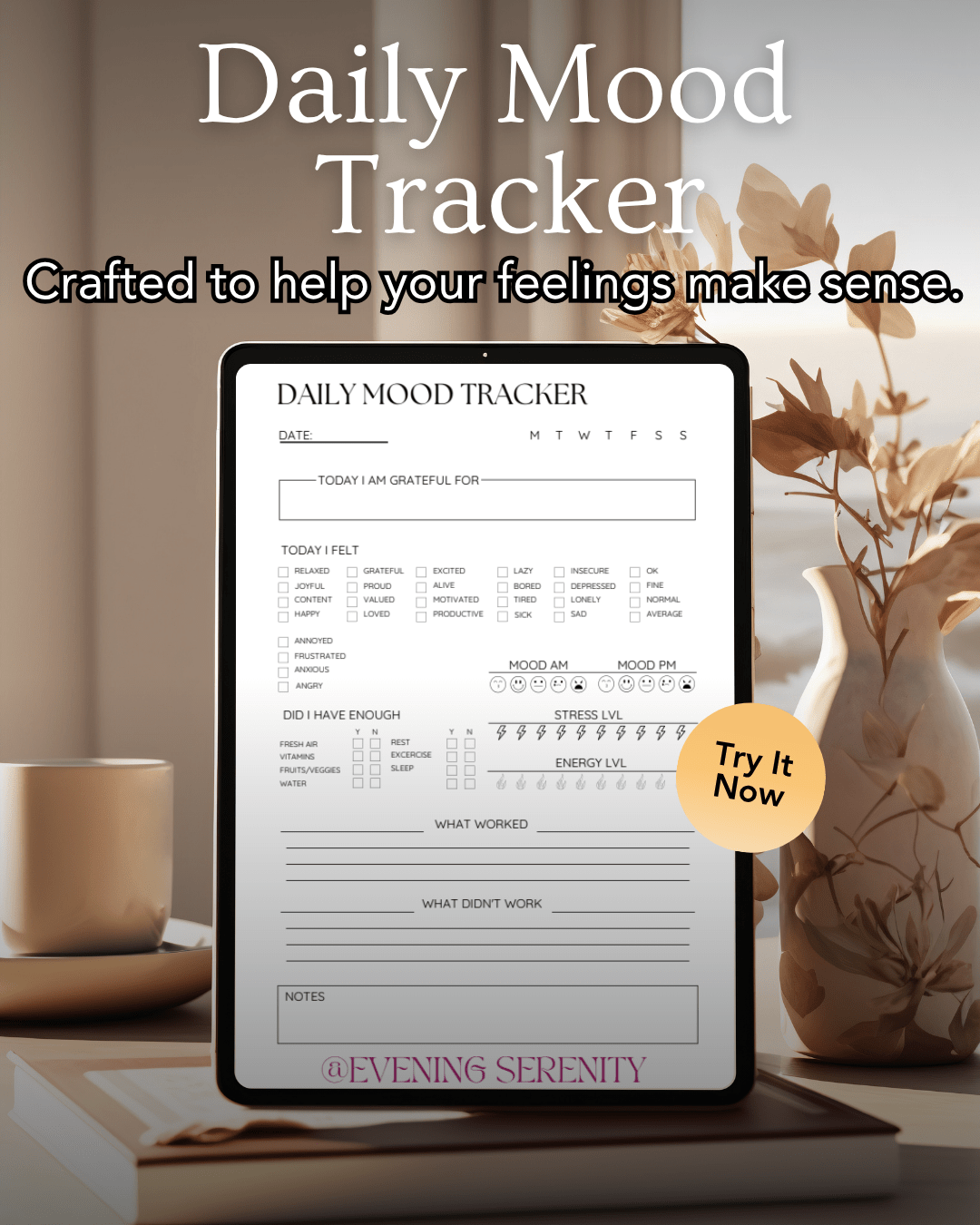 The 7-Day Mood & Stress Pattern Tracker - Evening Serenity