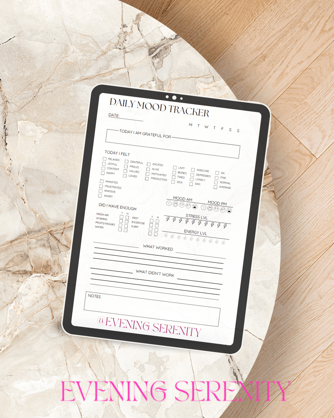 The 7-Day Nervous System Check-In Printable Daily Mood & Stress Tracker - Evening Serenity