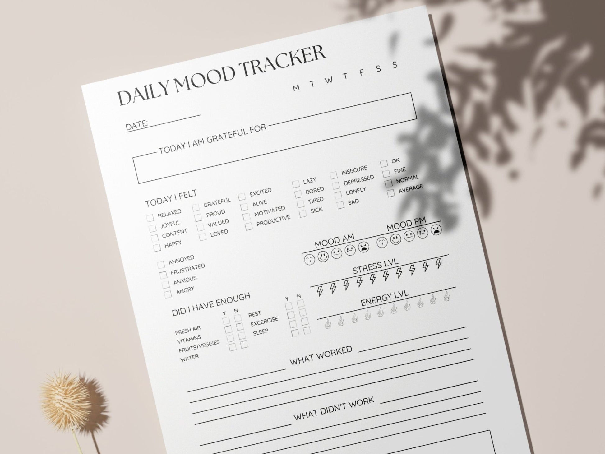 The 7-Day Nervous System Check-In Printable Daily Mood & Stress Tracker - Evening Serenity