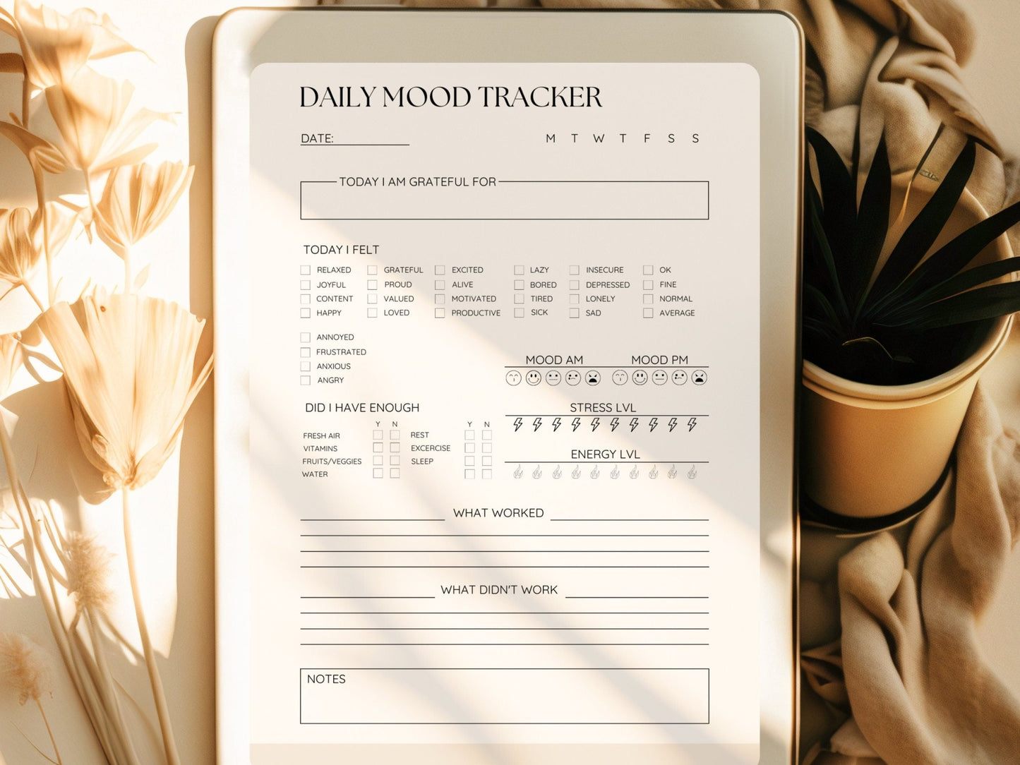 The 7-Day Nervous System Check-In Printable Daily Mood & Stress Tracker - Evening Serenity